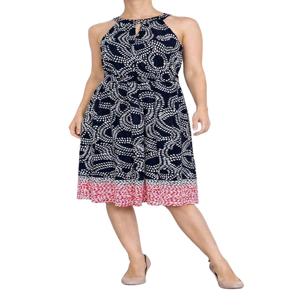 Halter Dress Womens 10 Navy Blue White Pink Geometric Print‎ Knee